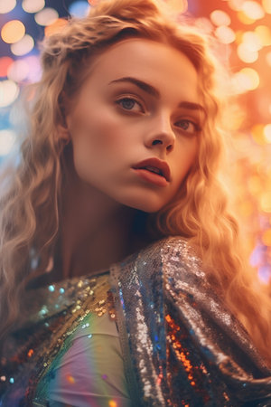 Fashion portrait of a beautiful blonde girl with curly hair and bright makeup.の素材