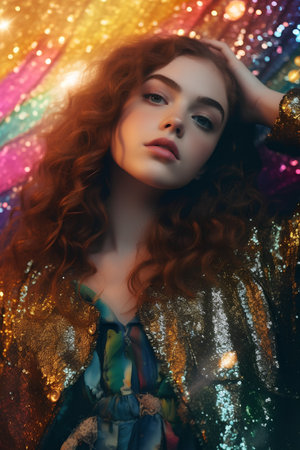 Beautiful red-haired girl with sparkles on her face.の素材