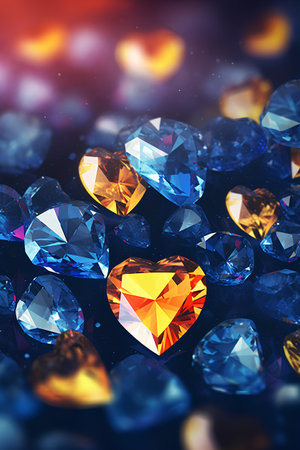 Colorful diamonds on a dark background. 3d rendering toned imageの素材