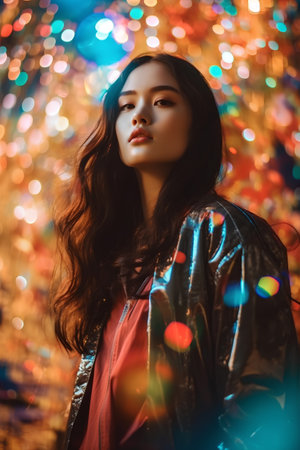 Portrait of a beautiful young brunette woman on the background of Christmas lights.の素材
