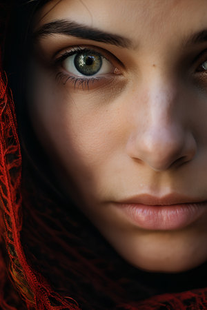 Closeup portrait of a beautiful girl with green eyes and red veilの素材