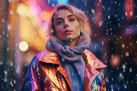 Beautiful young woman in a bright coat and scarf on the background of the night city.の素材