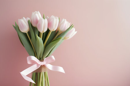 Bouquet of pink tulips with a bow on a pink backgroundの素材