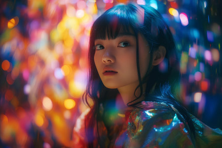 3d illustration of a beautiful girl in a fairy costume with multicolored lightsの素材