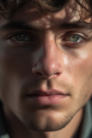 Portrait of a young man with blue eyes. Close-up.の素材