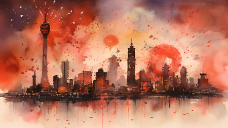 Shanghai skyline at sunset, China. Watercolor painting.の素材