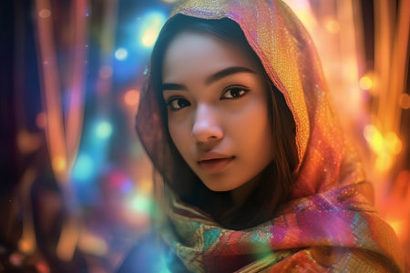 Portrait of a beautiful asian woman wearing a shawlの素材