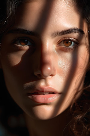 Closeup portrait of a beautiful young woman with brown eyes and makeupの素材