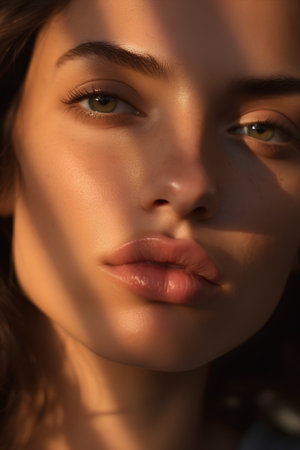 Closeup portrait of beautiful young woman with green eyes and red lipsの素材