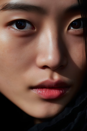 Close up portrait of beautiful asian woman face, studio shot.の素材