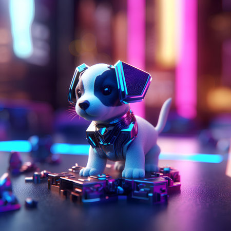 3d illustration of a cute cartoon dog with a virtual reality headsetの素材