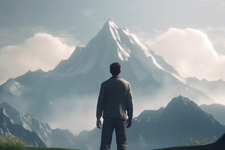 Businessman looking at the mountains in the clouds, 3d renderの素材