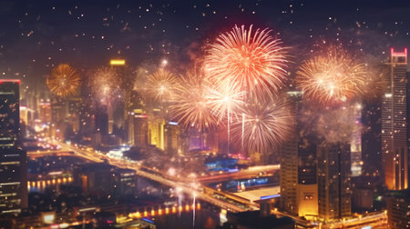 Beautiful firework display over cityscape at night, Hong Kongの素材