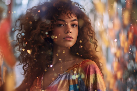 Portrait of a beautiful young woman with curly hair in a colorful dress.の素材