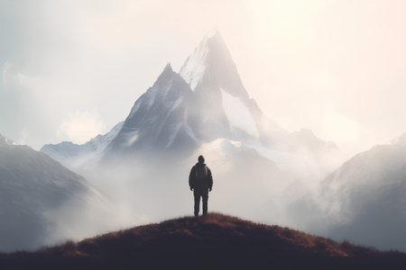 Man standing on top of a mountain and looking at the mountains.の素材
