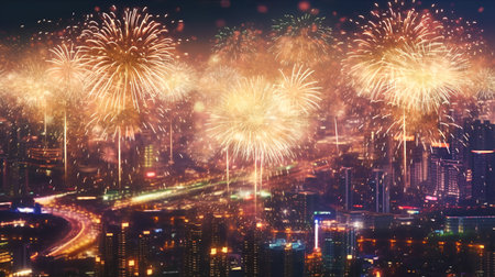Colorful fireworks over the city at night, Hong Kong, Chinaの素材