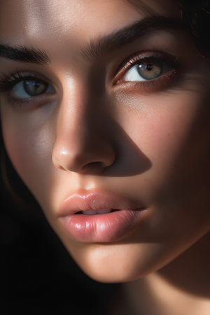Closeup portrait of a beautiful young woman with blue eyes and lipsの素材