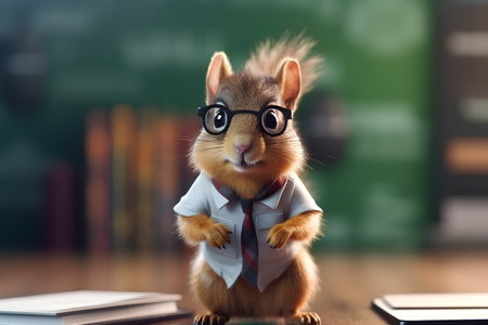 Funny squirrel wearing glasses and tie sitting on books in the classroomの素材