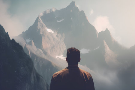 Man looking at the mountains in the clouds. 3D Renderingの素材