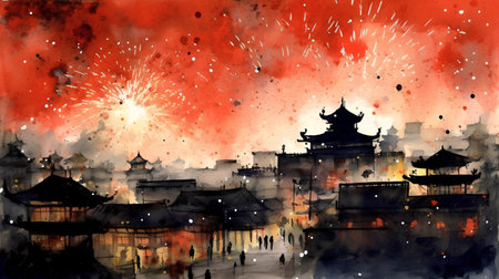 Hangzhou ancient city watercolor painting with firework, Chinaの素材