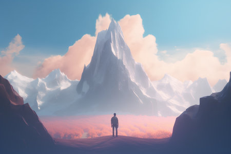 Fantasy landscape with a man standing on the edge of a cliff and looking at the mountains.の素材