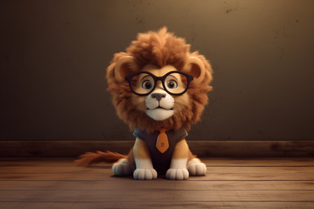 Lion in glasses and bow tie sitting on the floor. 3d renderingの素材