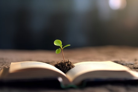 Green seedling growing from an open book on wooden background. Ecology conceptの素材