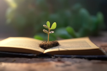 Tree seedling growing from an open book, conceptual image of educationの素材