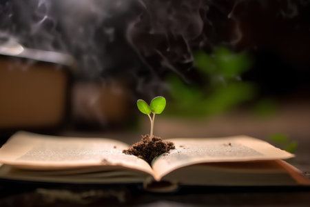 Green seedling growing from an open book, conceptual image of educationの素材