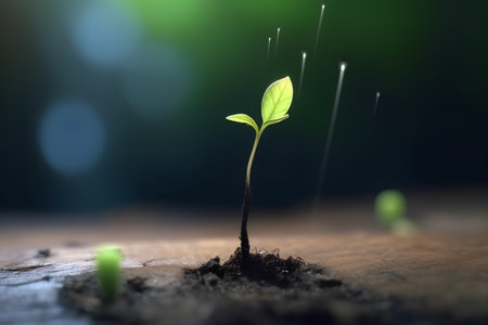 Green seedling illustrating concept of new life and environmental conservation in close upの素材
