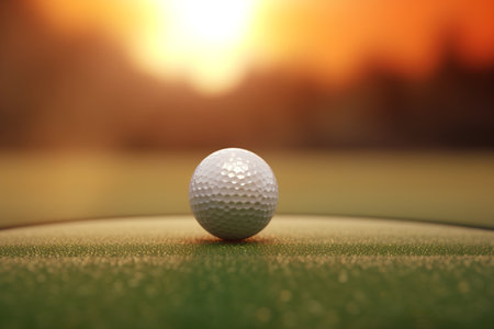 Golf ball on green grass at sunset. 3D rendering.の素材