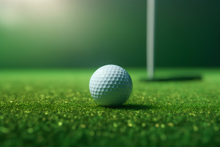 Golf ball and golf club on green grass. 3d renderingの素材