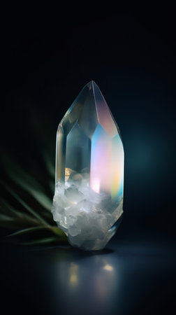 Macro shot of crystal quartz on black background with palm leaf and reflectionの素材