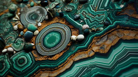 Macro shot of a section of agate with green and blue crystalsの素材