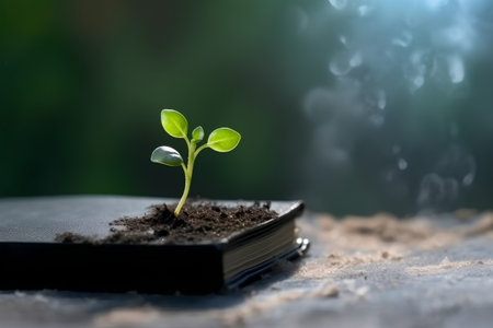Young seedling growing from an old book on a dark wooden backgroundの素材