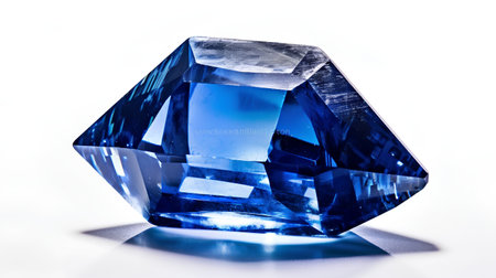 crystal blue gemstone on white background with reflection, close upの素材