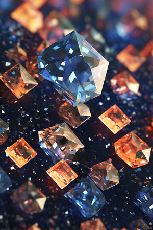 3d illustration of diamond on a background of blue and orange crystalsの素材