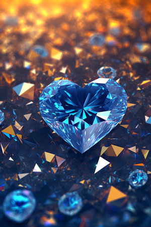 3d illustration of diamond heart on a blue background with bokehの素材