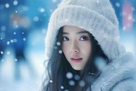 Winter portrait of beautiful young woman in winter clothes with snowflakesの素材