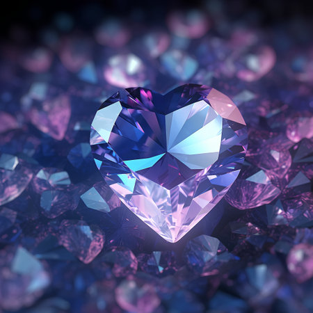 Shiny diamond in heart shape on dark background. 3D renderingの素材