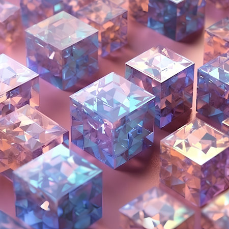 3d render of a group of blue and pink diamonds on a pink backgroundの素材