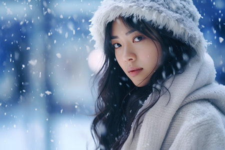 beautiful young asian woman in winter outdoor with snowfall backgroundの素材