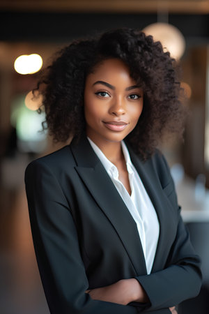 portrait of young african american businesswoman with crossed armsの素材