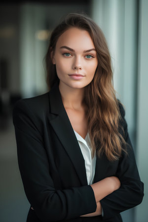 Portrait of a beautiful young business woman in a black suit.の素材