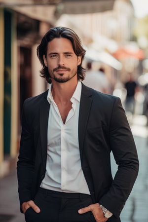 Portrait of a handsome young man in a suit. Men's beauty, fashion.の素材