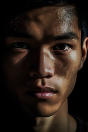 Portrait of a young Asian man in the dark, close upの素材