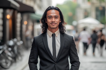 Portrait of a handsome young Indian businessman walking in the city.の素材