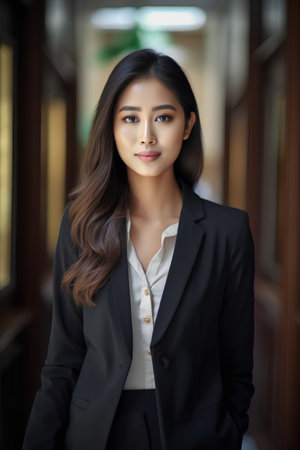 Portrait of asian business woman in black suit in the officeの素材