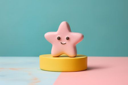 Creative minimal food concept. Cute pink star on yellow stand on pastel blue background.の素材