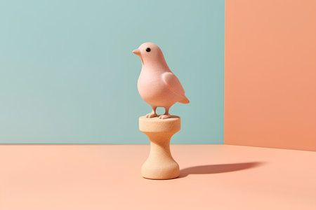 Wooden bird statue on a stand on a blue and pink background. Minimal style.の素材